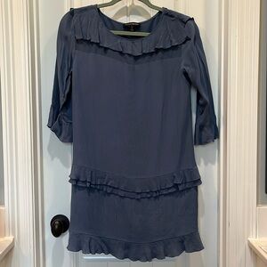 Blue shift dress with ruffle trim